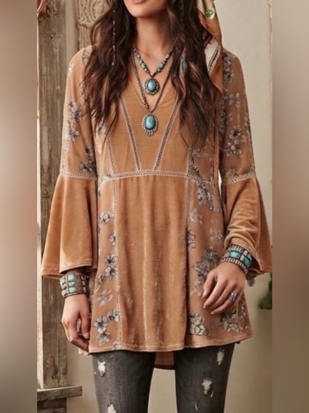 POL  Bell-Sleeve Velvet Mix Oversized Tunic Top in Camel